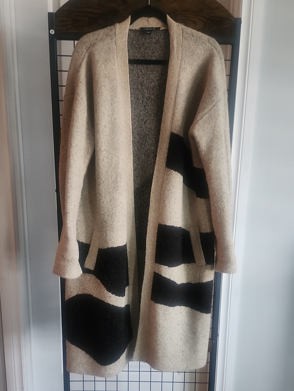 CHARLIE B Open-Front Beige Cardigan with Black Abstract Blocks